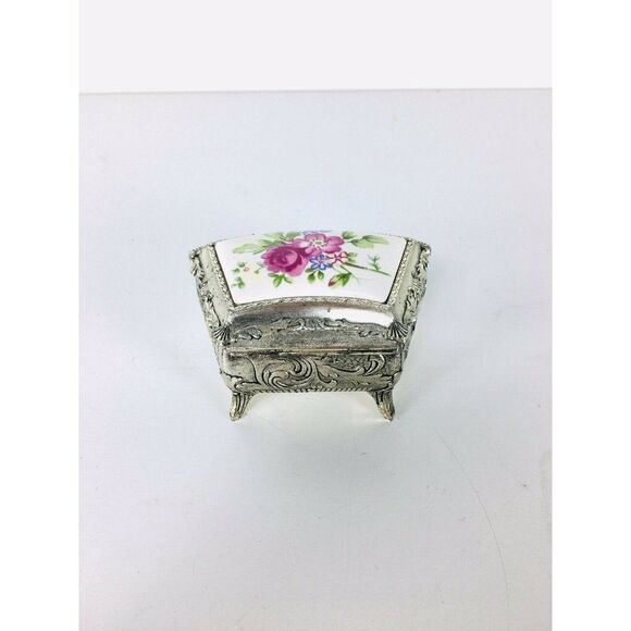 Vintage Silver and Porcelain Hand Painted Velvet Lined Jewelry Box Made Japan - Picture 6 of 12